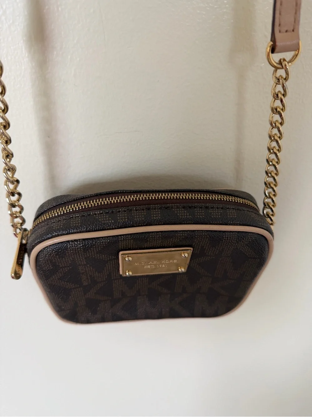 MICHAEL KORS Jet MK Logo Small Signature Camera Crossbody Bag Brown Gold Purse